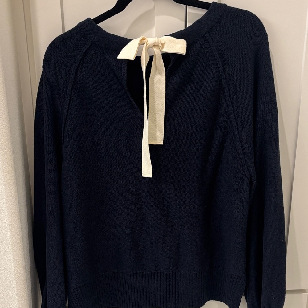 Anthropologie Navy Sweater with Cream Tie Back Brand New Without Tags
